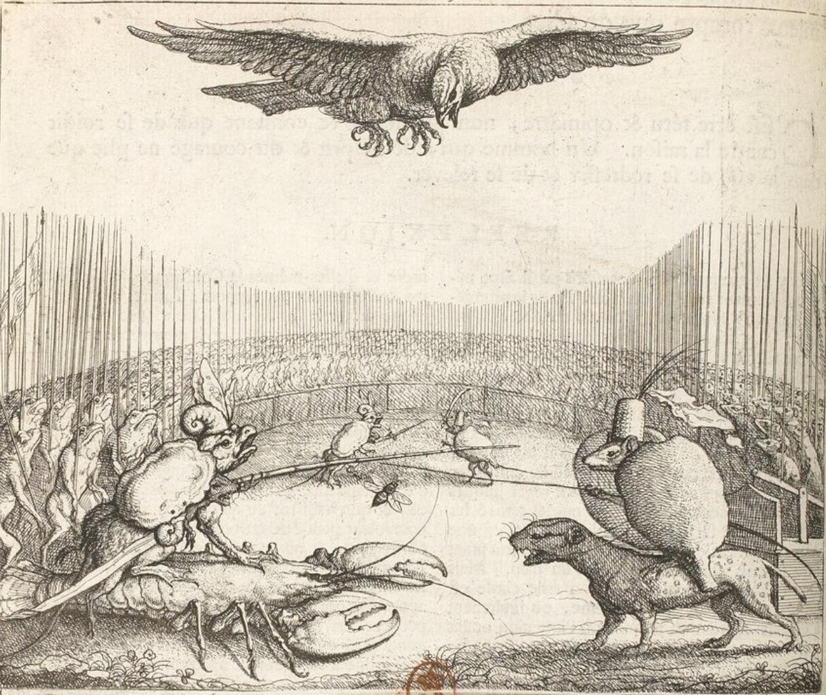 Le rat et la grenouille par Francis Barlow, source: Les fables d'Ésope et de plusieurs autres excellents mythologistes (1704)